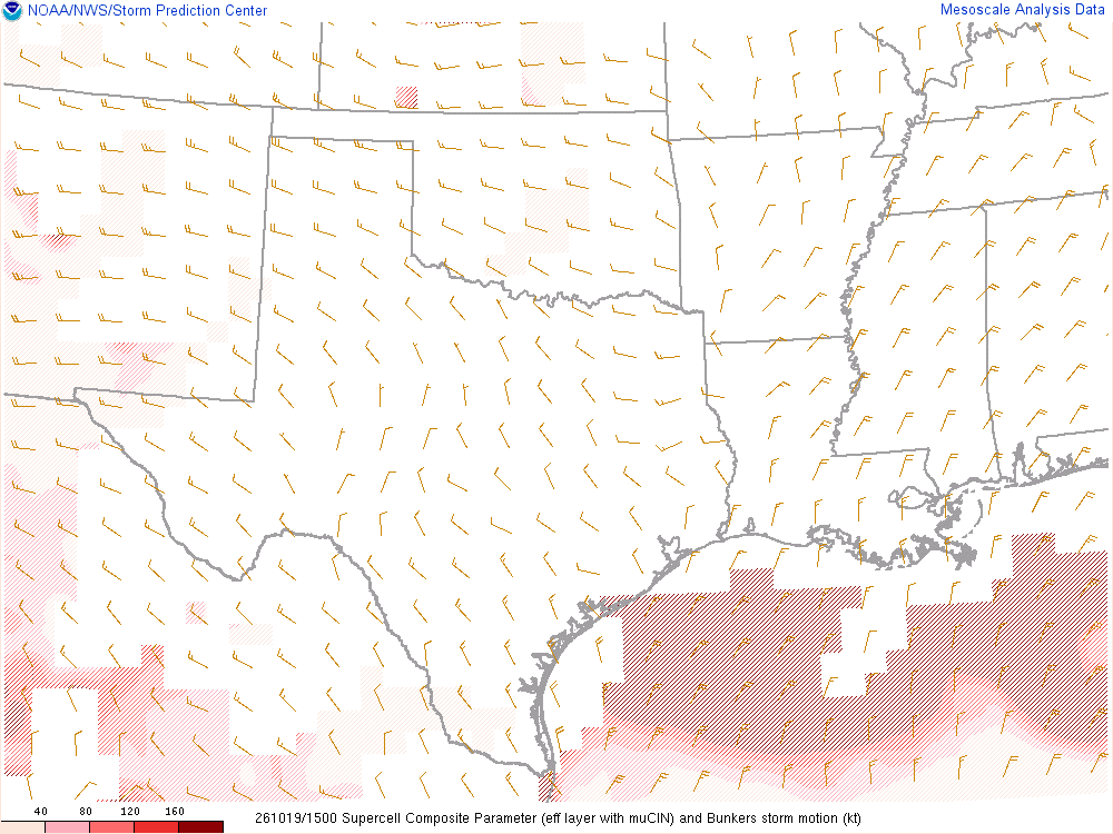 SPC mesoanalysis map, Supercell composite parameter, Southern Plains region, analysis for 15Z. Its key and units are in SPC’s picture; what it shows is described beside it.