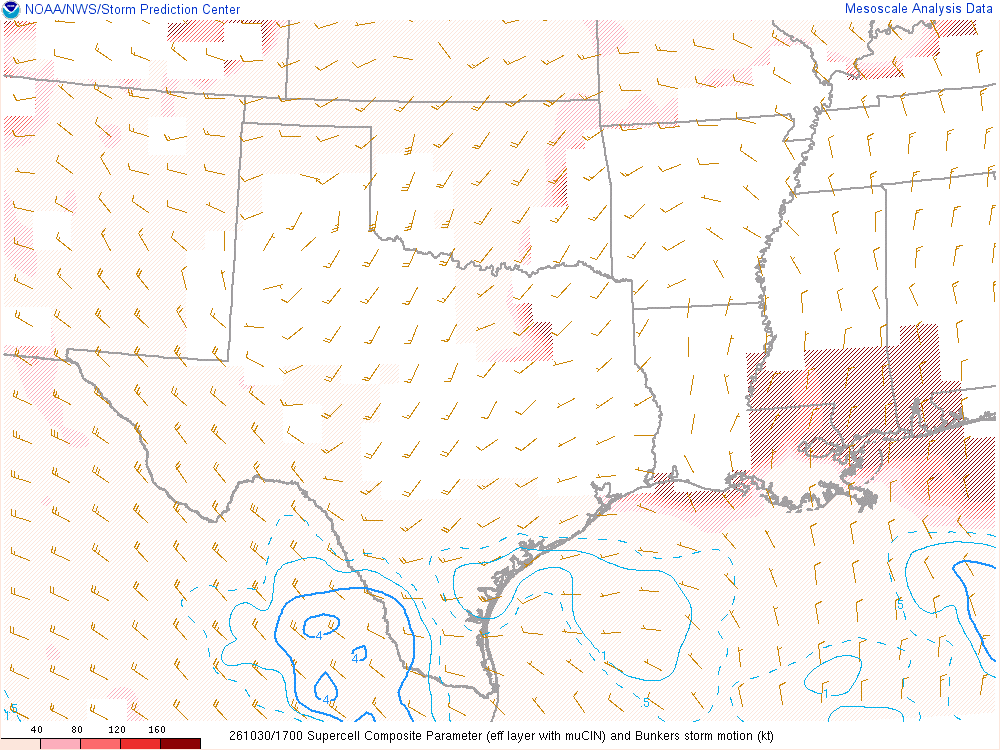 SPC mesoanalysis map, Supercell composite parameter, Southern Plains region, analysis for 17Z. Its key and units are in SPC’s picture; what it shows is described beside it.