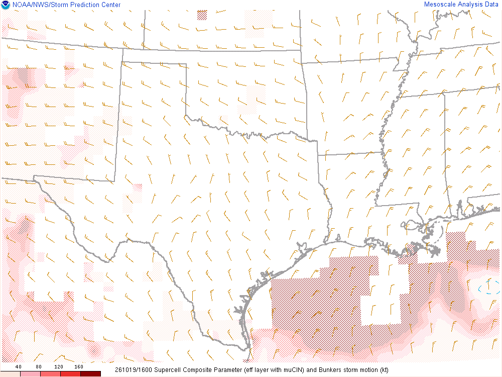 SPC mesoanalysis map, Supercell composite parameter, Southern Plains region, analysis for 16Z. Its key and units are in SPC’s picture; what it shows is described beside it.