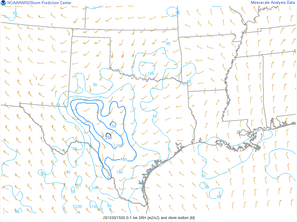SPC mesoanalysis map, 0–1 km storm-relative helicity, Southern Plains region, analysis for 15Z. Its key and units are in SPC’s picture; what it shows is described beside it.