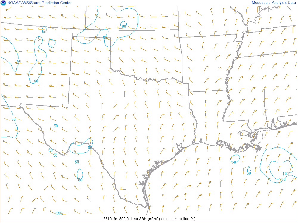 SPC mesoanalysis map, 0–1 km storm-relative helicity, Southern Plains region, analysis for 18Z. Its key and units are in SPC’s picture; what it shows is described beside it.