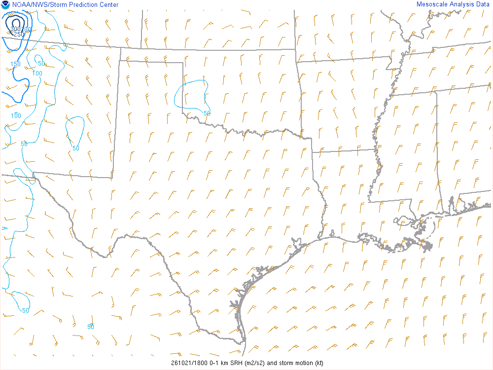 SPC mesoanalysis map, 0–1 km storm-relative helicity, Southern Plains region, analysis for 18Z. Its key and units are in SPC’s picture; what it shows is described beside it.