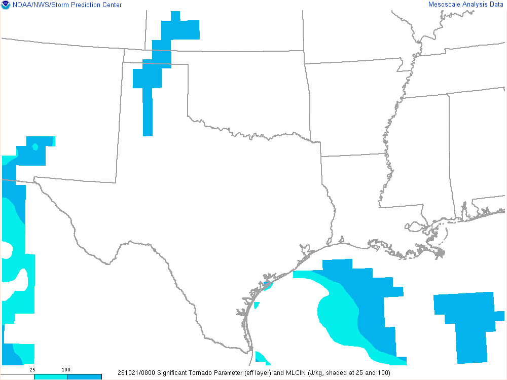 SPC mesoanalysis map, Significant tornado parameter (effective layer), Southern Plains region, analysis for 08Z. Its key and units are in SPC’s picture; what it shows is described beside it.