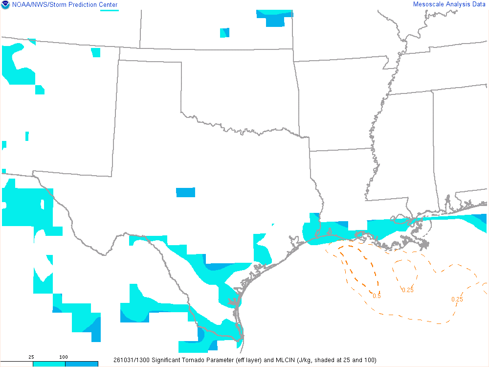 SPC mesoanalysis map, Significant tornado parameter (effective layer), Southern Plains region, analysis for 13Z. Its key and units are in SPC’s picture; what it shows is described beside it.
