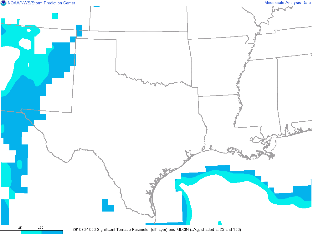 SPC mesoanalysis map, Significant tornado parameter (effective layer), Southern Plains region, analysis for 16Z. Its key and units are in SPC’s picture; what it shows is described beside it.