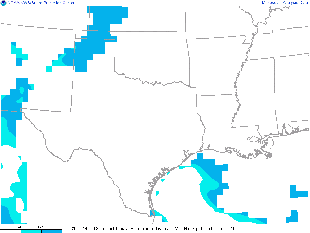 SPC mesoanalysis map, Significant tornado parameter (effective layer), Southern Plains region, analysis for 06Z. Its key and units are in SPC’s picture; what it shows is described beside it.