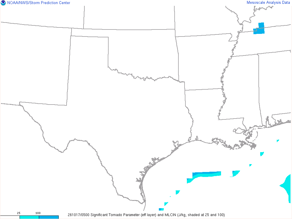 SPC mesoanalysis map, Significant tornado parameter (effective layer), Southern Plains region, analysis for 05Z. Its key and units are in SPC’s picture; what it shows is described beside it.