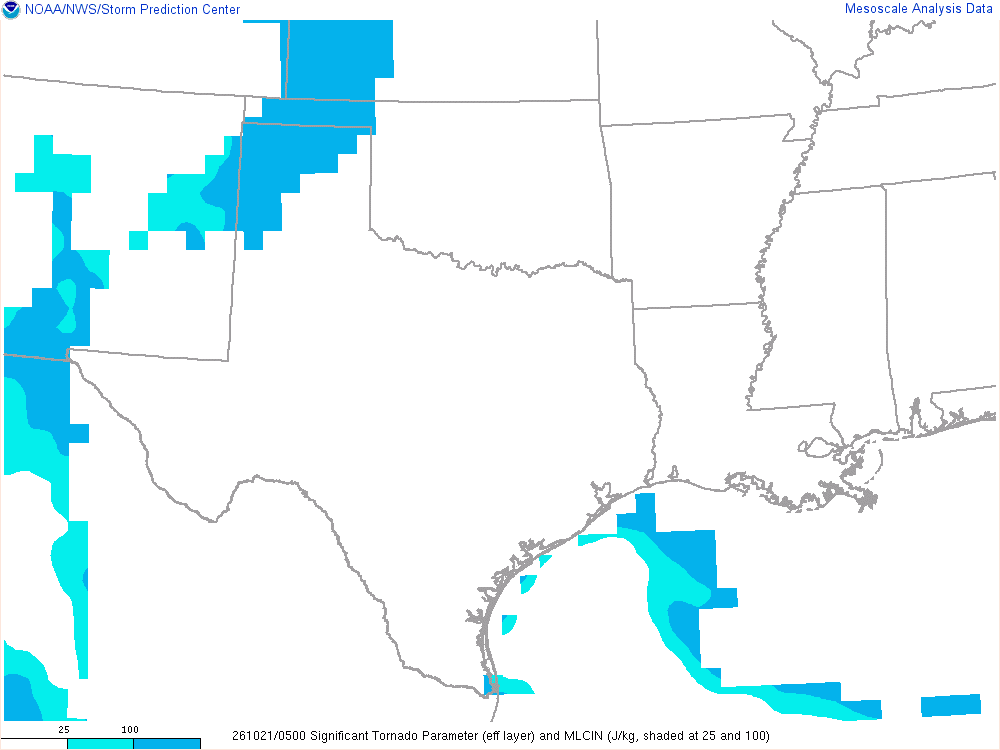 SPC mesoanalysis map, Significant tornado parameter (effective layer), Southern Plains region, analysis for 05Z. Its key and units are in SPC’s picture; what it shows is described beside it.