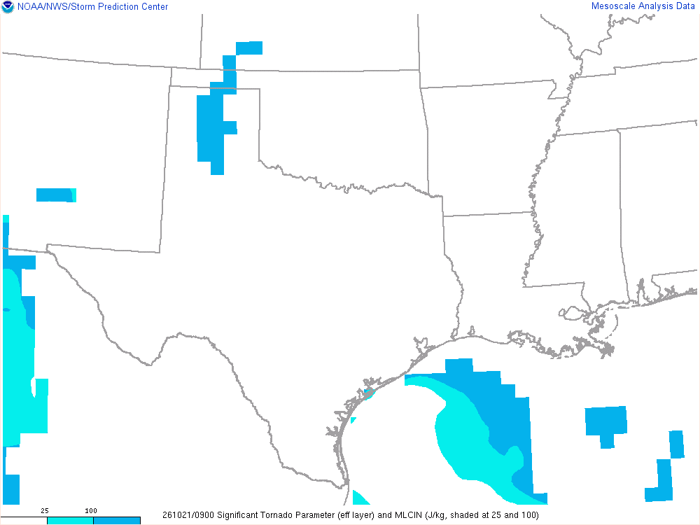 SPC mesoanalysis map, Significant tornado parameter (effective layer), Southern Plains region, analysis for 09Z. Its key and units are in SPC’s picture; what it shows is described beside it.