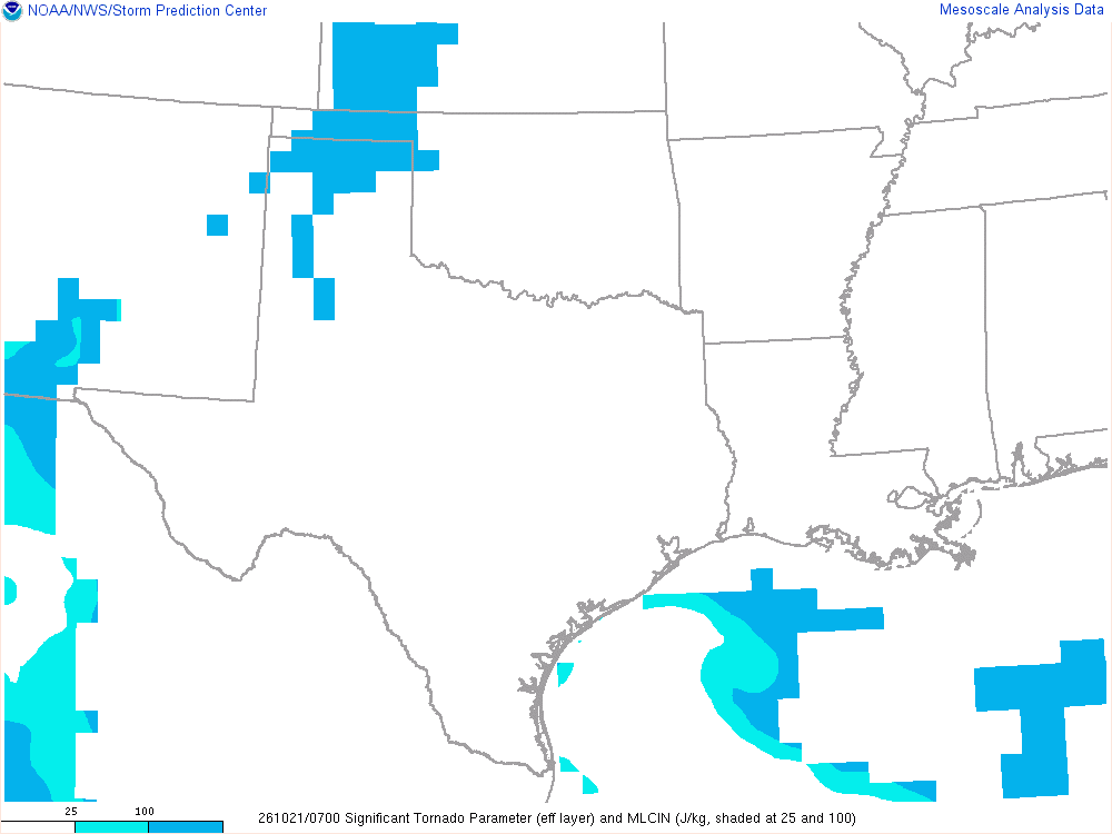 SPC mesoanalysis map, Significant tornado parameter (effective layer), Southern Plains region, analysis for 07Z. Its key and units are in SPC’s picture; what it shows is described beside it.