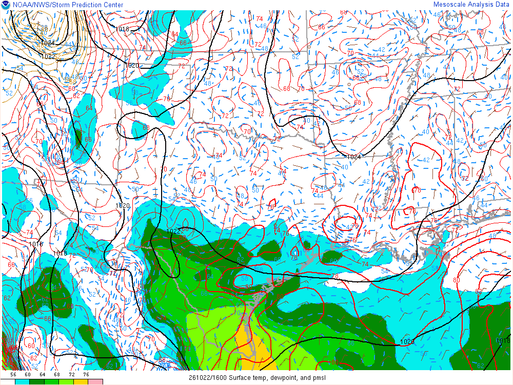SPC mesoanalysis map, Surface temperature, dew point and sea-level pressure, Southern Plains region, analysis for 16Z. Its key and units are in SPC’s picture; what it shows is described beside it.