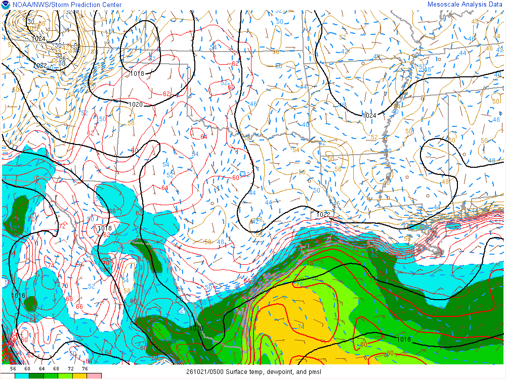 SPC mesoanalysis map, Surface temperature, dew point and sea-level pressure, Southern Plains region, analysis for 05Z. Its key and units are in SPC’s picture; what it shows is described beside it.