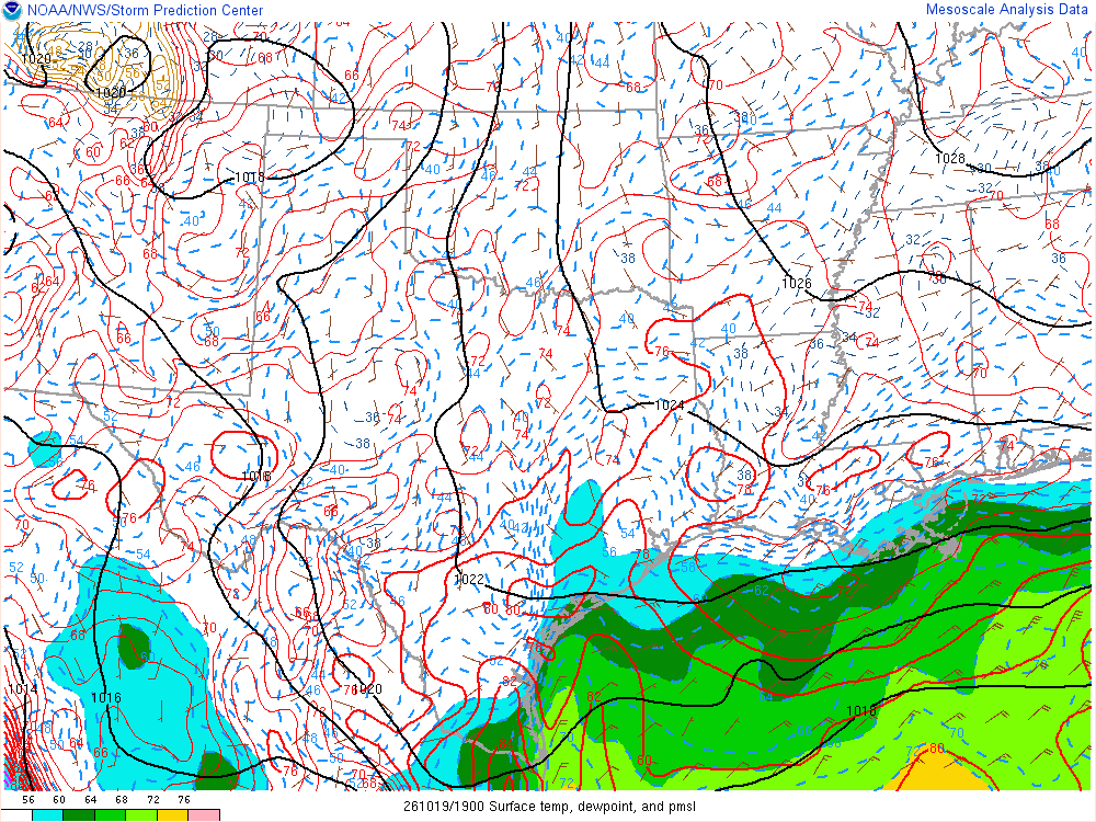 SPC mesoanalysis map, Surface temperature, dew point and sea-level pressure, Southern Plains region, analysis for 19Z. Its key and units are in SPC’s picture; what it shows is described beside it.