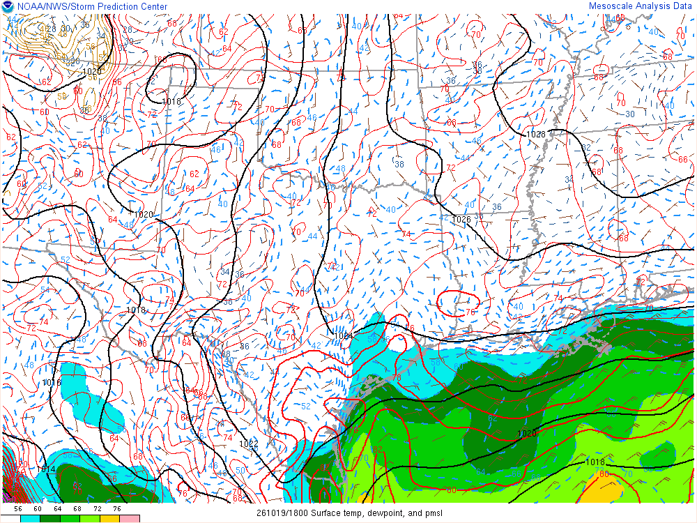 SPC mesoanalysis map, Surface temperature, dew point and sea-level pressure, Southern Plains region, analysis for 18Z. Its key and units are in SPC’s picture; what it shows is described beside it.