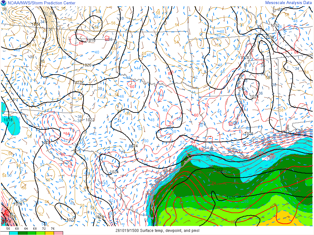 SPC mesoanalysis map, Surface temperature, dew point and sea-level pressure, Southern Plains region, analysis for 15Z. Its key and units are in SPC’s picture; what it shows is described beside it.