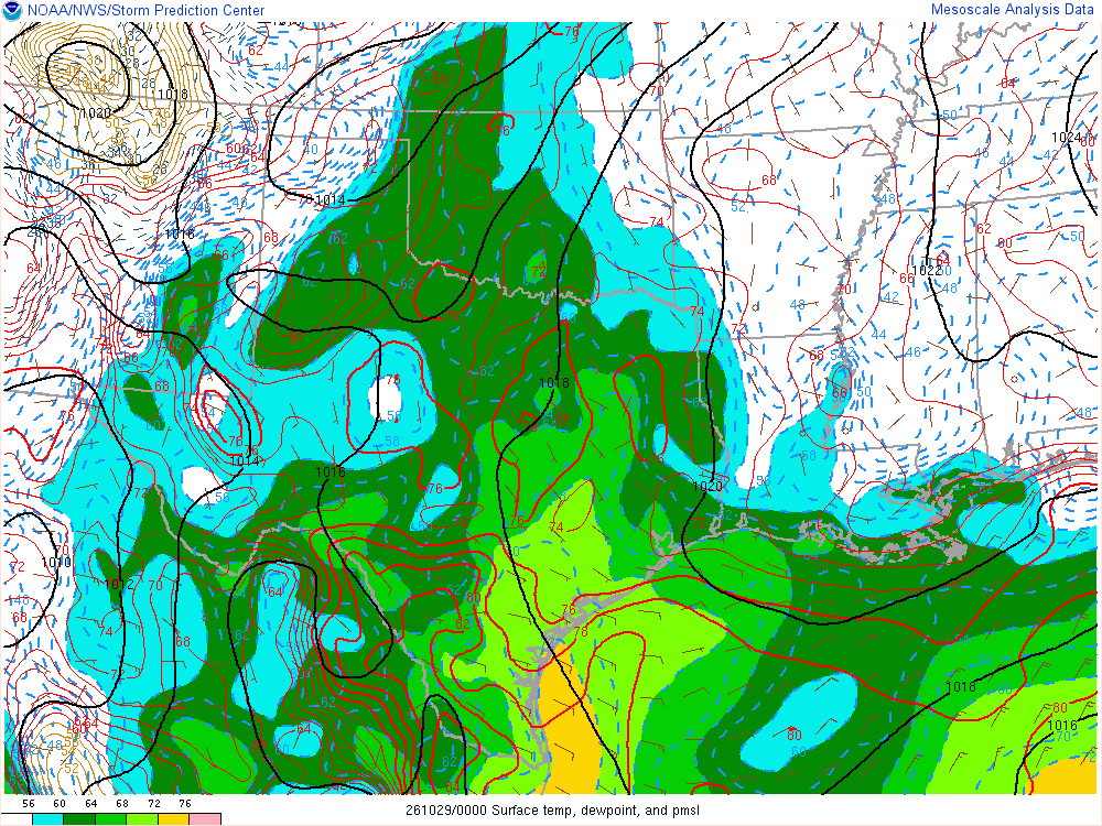 SPC mesoanalysis map, Surface temperature, dew point and sea-level pressure, Southern Plains region, analysis for 00Z. Its key and units are in SPC’s picture; what it shows is described beside it.