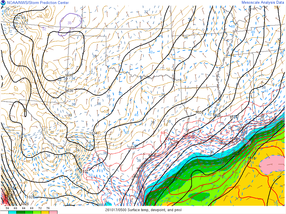 SPC mesoanalysis map, Surface temperature, dew point and sea-level pressure, Southern Plains region, analysis for 05Z. Its key and units are in SPC’s picture; what it shows is described beside it.