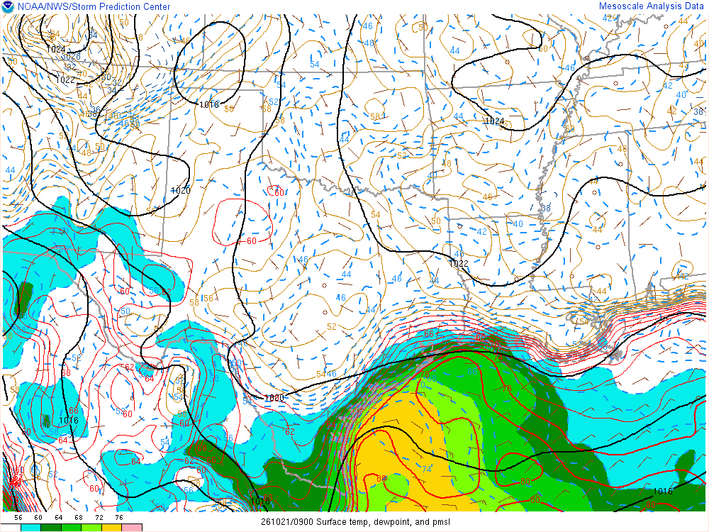 SPC mesoanalysis map, Surface temperature, dew point and sea-level pressure, Southern Plains region, analysis for 09Z. Its key and units are in SPC’s picture; what it shows is described beside it.