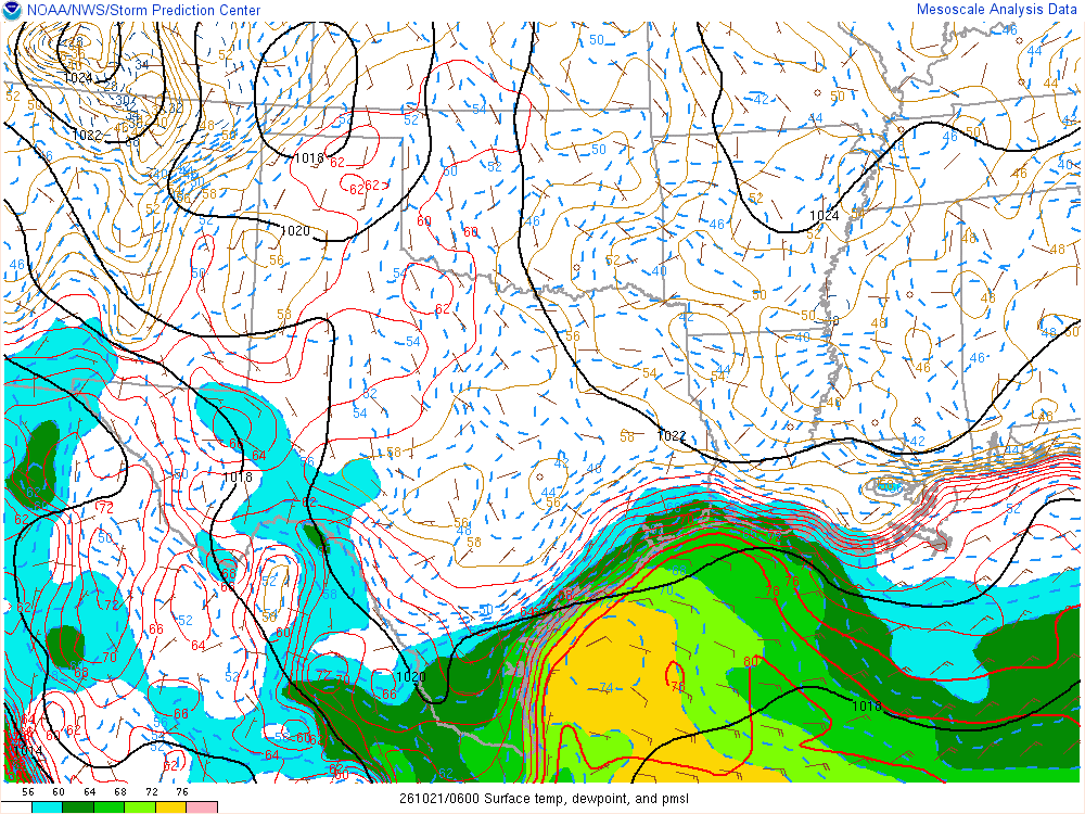 SPC mesoanalysis map, Surface temperature, dew point and sea-level pressure, Southern Plains region, analysis for 06Z. Its key and units are in SPC’s picture; what it shows is described beside it.