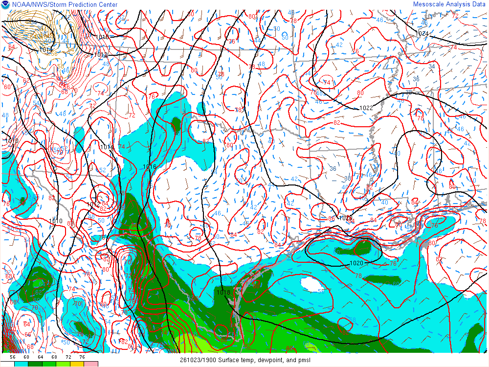 SPC mesoanalysis map, Surface temperature, dew point and sea-level pressure, Southern Plains region, analysis for 19Z. Its key and units are in SPC’s picture; what it shows is described beside it.