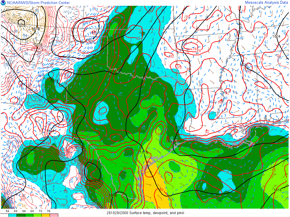SPC mesoanalysis map, Surface temperature, dew point and sea-level pressure, Southern Plains region, analysis for 20Z. Its key and units are in SPC’s picture; what it shows is described beside it.