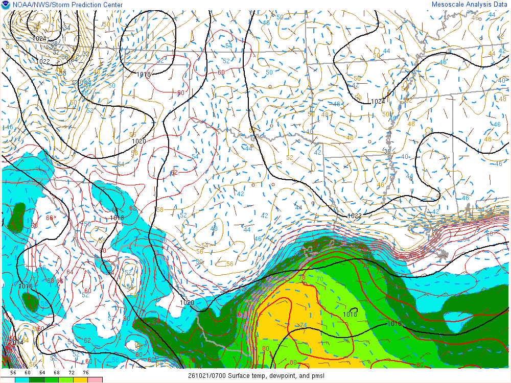 SPC mesoanalysis map, Surface temperature, dew point and sea-level pressure, Southern Plains region, analysis for 07Z. Its key and units are in SPC’s picture; what it shows is described beside it.