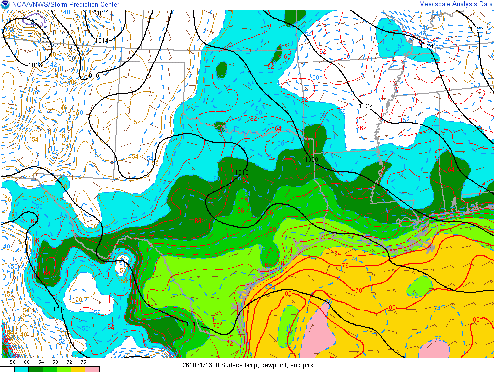 SPC mesoanalysis map, Surface temperature, dew point and sea-level pressure, Southern Plains region, analysis for 13Z. Its key and units are in SPC’s picture; what it shows is described beside it.