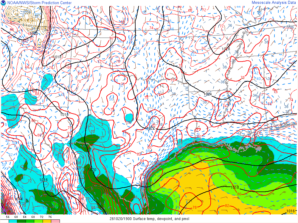 SPC mesoanalysis map, Surface temperature, dew point and sea-level pressure, Southern Plains region, analysis for 19Z. Its key and units are in SPC’s picture; what it shows is described beside it.