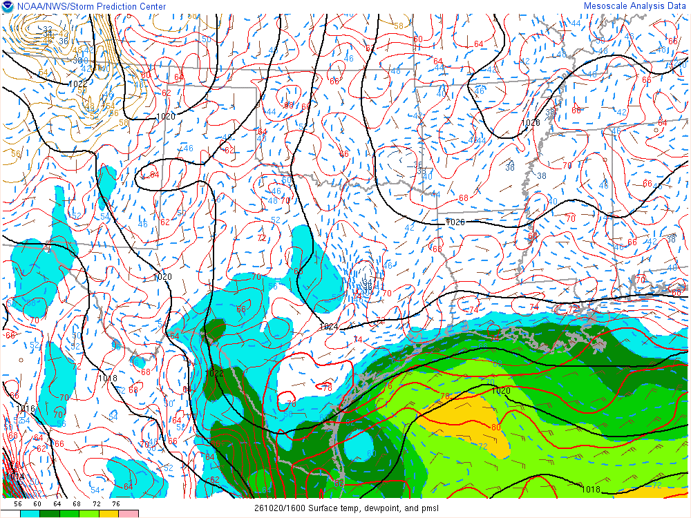 SPC mesoanalysis map, Surface temperature, dew point and sea-level pressure, Southern Plains region, analysis for 16Z. Its key and units are in SPC’s picture; what it shows is described beside it.