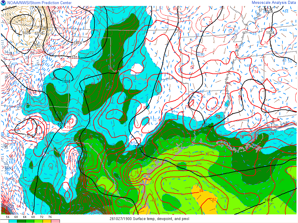 SPC mesoanalysis map, Surface temperature, dew point and sea-level pressure, Southern Plains region, analysis for 19Z. Its key and units are in SPC’s picture; what it shows is described beside it.