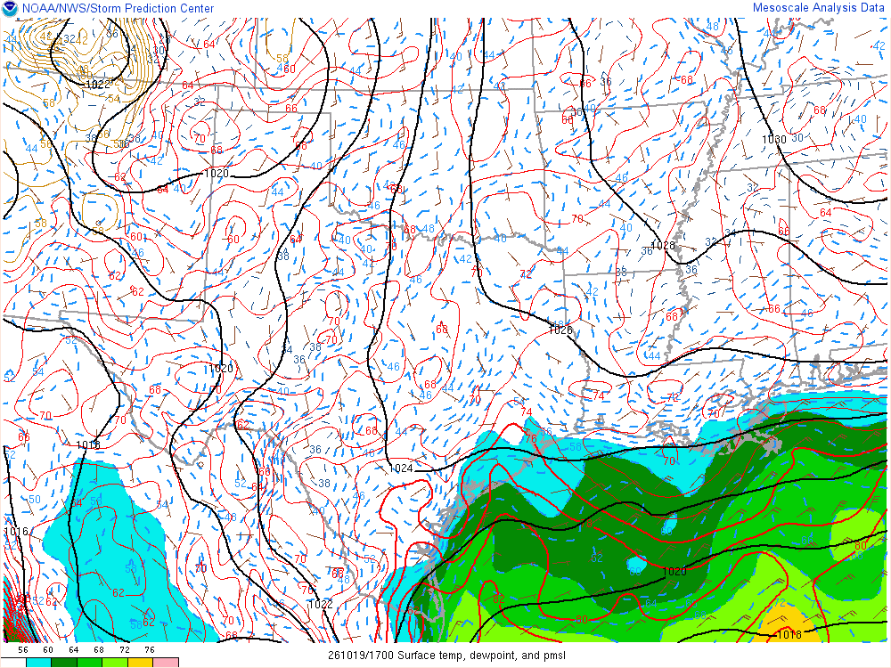 SPC mesoanalysis map, Surface temperature, dew point and sea-level pressure, Southern Plains region, analysis for 17Z. Its key and units are in SPC’s picture; what it shows is described beside it.