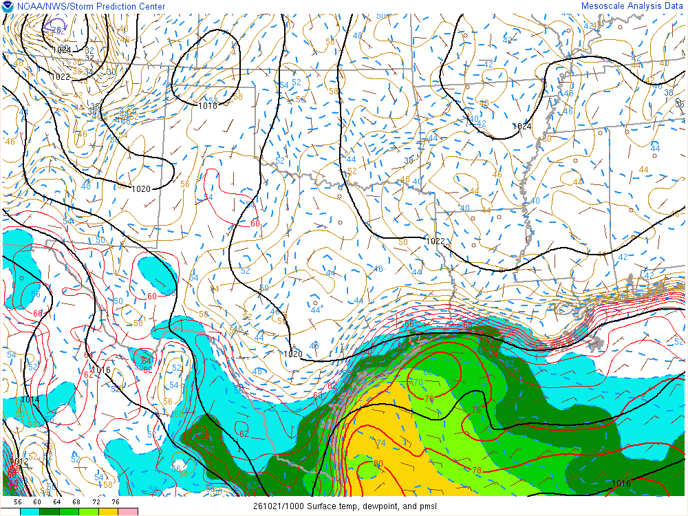 SPC mesoanalysis map, Surface temperature, dew point and sea-level pressure, Southern Plains region, analysis for 10Z. Its key and units are in SPC’s picture; what it shows is described beside it.