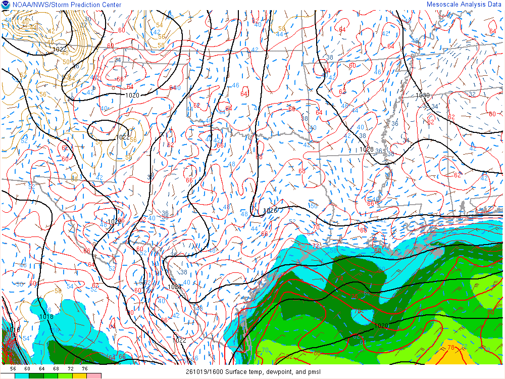SPC mesoanalysis map, Surface temperature, dew point and sea-level pressure, Southern Plains region, analysis for 16Z. Its key and units are in SPC’s picture; what it shows is described beside it.