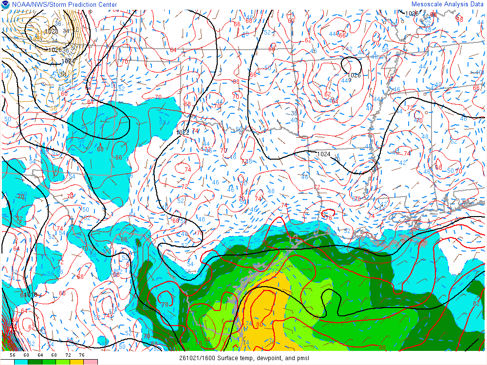 SPC mesoanalysis map, Surface temperature, dew point and sea-level pressure, Southern Plains region, analysis for 16Z. Its key and units are in SPC’s picture; what it shows is described beside it.