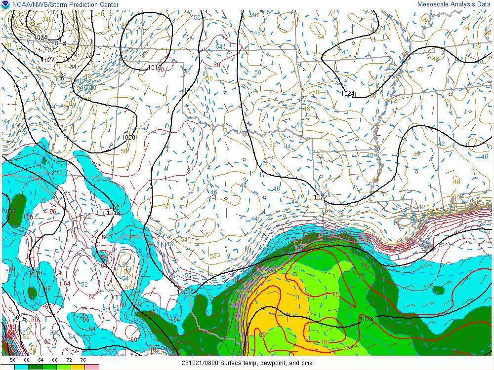 SPC mesoanalysis map, Surface temperature, dew point and sea-level pressure, Southern Plains region, analysis for 08Z. Its key and units are in SPC’s picture; what it shows is described beside it.