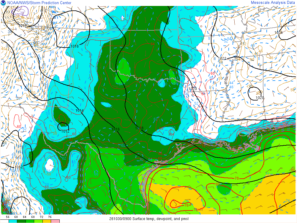 SPC mesoanalysis map, Surface temperature, dew point and sea-level pressure, Southern Plains region, analysis for 09Z. Its key and units are in SPC’s picture; what it shows is described beside it.