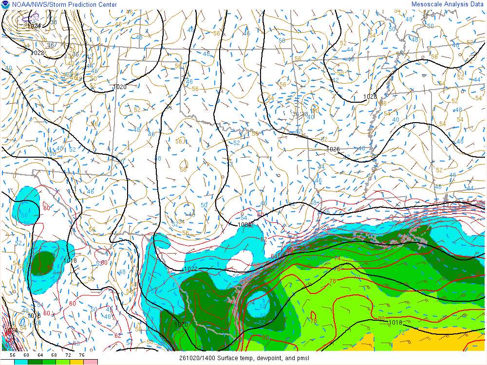 SPC mesoanalysis map, Surface temperature, dew point and sea-level pressure, Southern Plains region, analysis for 14Z. Its key and units are in SPC’s picture; what it shows is described beside it.