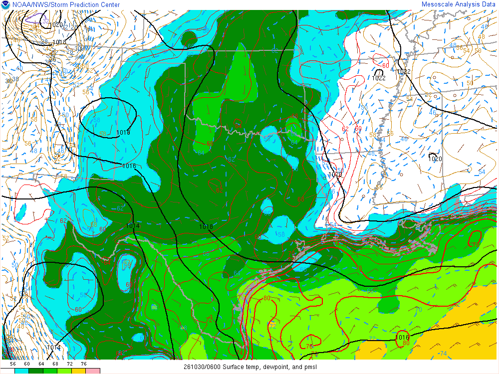 SPC mesoanalysis map, Surface temperature, dew point and sea-level pressure, Southern Plains region, analysis for 06Z. Its key and units are in SPC’s picture; what it shows is described beside it.