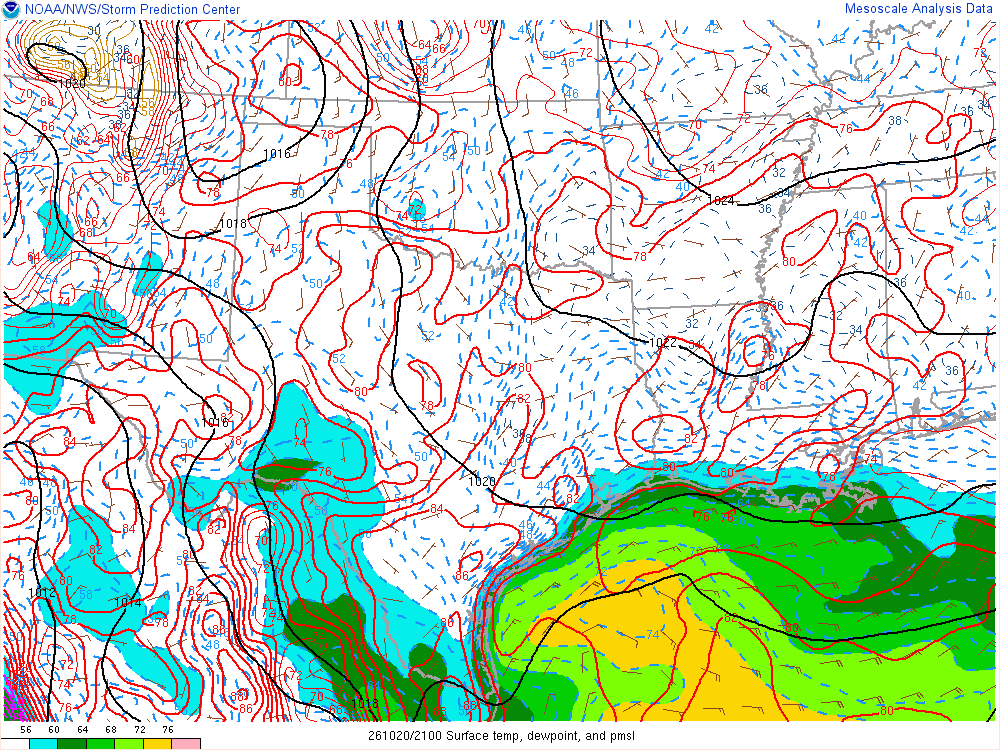 SPC mesoanalysis map, Surface temperature, dew point and sea-level pressure, Southern Plains region, analysis for 21Z. Its key and units are in SPC’s picture; what it shows is described beside it.