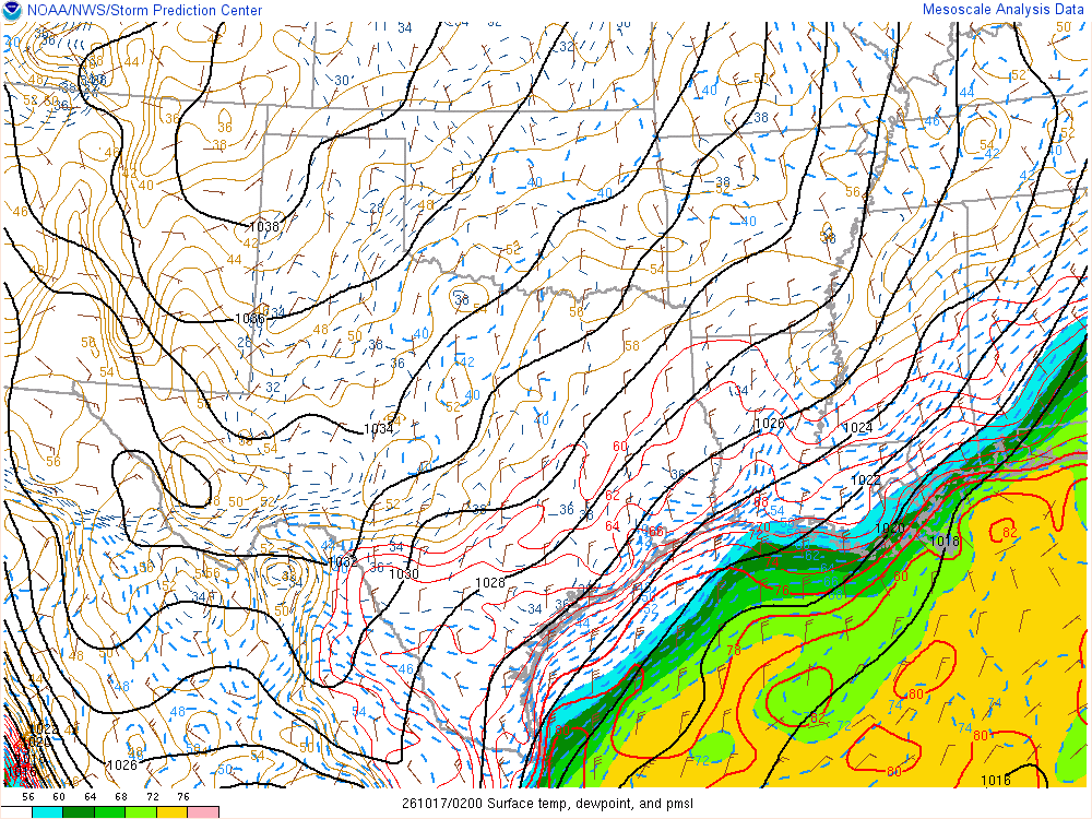 SPC mesoanalysis map, Surface temperature, dew point and sea-level pressure, Southern Plains region, analysis for 02Z. Its key and units are in SPC’s picture; what it shows is described beside it.