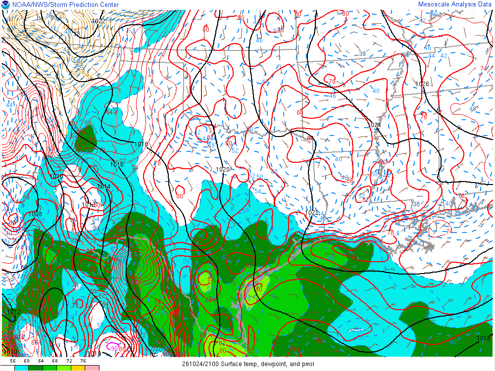 SPC mesoanalysis map, Surface temperature, dew point and sea-level pressure, Southern Plains region, analysis for 21Z. Its key and units are in SPC’s picture; what it shows is described beside it.
