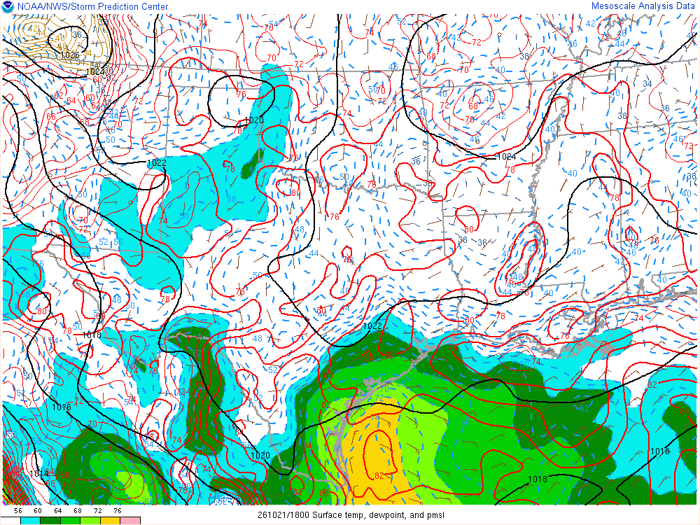 SPC mesoanalysis map, Surface temperature, dew point and sea-level pressure, Southern Plains region, analysis for 18Z. Its key and units are in SPC’s picture; what it shows is described beside it.