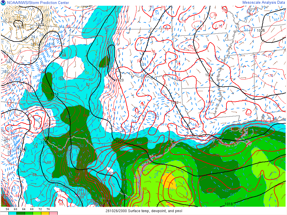 SPC mesoanalysis map, Surface temperature, dew point and sea-level pressure, Southern Plains region, analysis for 20Z. Its key and units are in SPC’s picture; what it shows is described beside it.