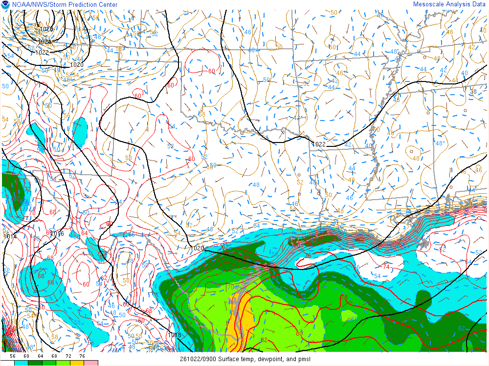SPC mesoanalysis map, Surface temperature, dew point and sea-level pressure, Southern Plains region, analysis for 09Z. Its key and units are in SPC’s picture; what it shows is described beside it.