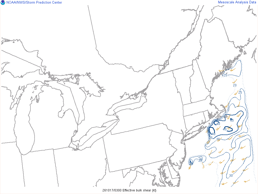 SPC mesoanalysis map, Effective bulk shear, Northeast region, analysis for 03Z. Its key and units are in SPC’s picture; what it shows is described beside it.