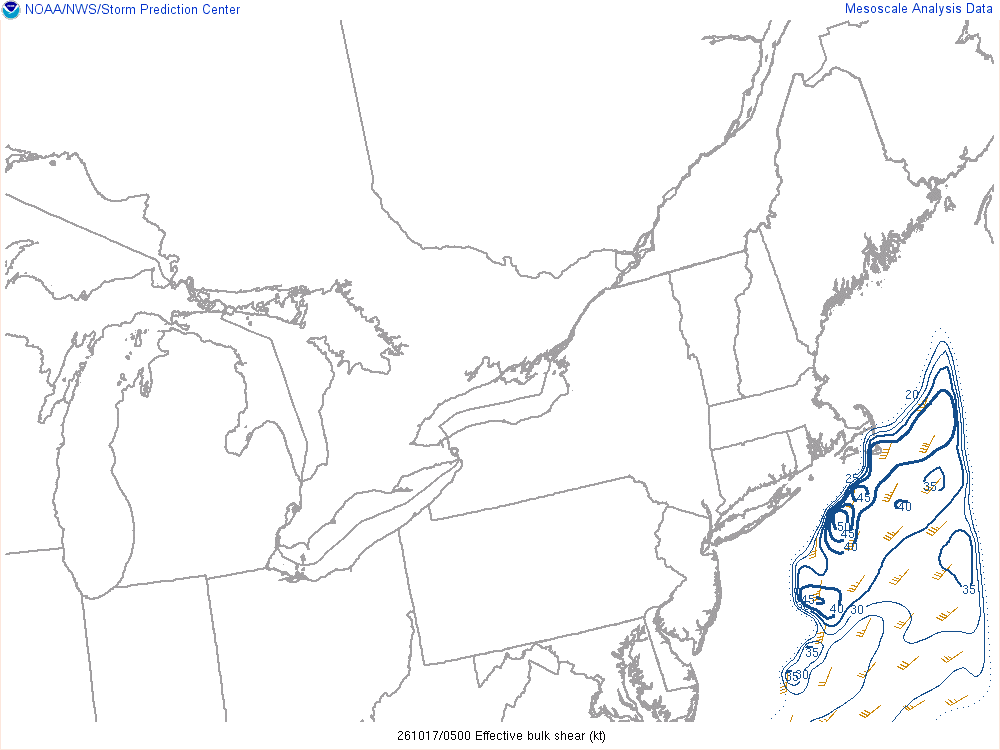 SPC mesoanalysis map, Effective bulk shear, Northeast region, analysis for 05Z. Its key and units are in SPC’s picture; what it shows is described beside it.