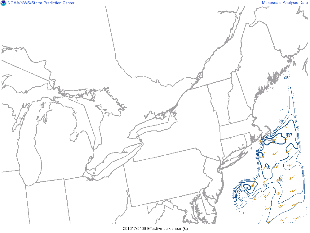 SPC mesoanalysis map, Effective bulk shear, Northeast region, analysis for 04Z. Its key and units are in SPC’s picture; what it shows is described beside it.