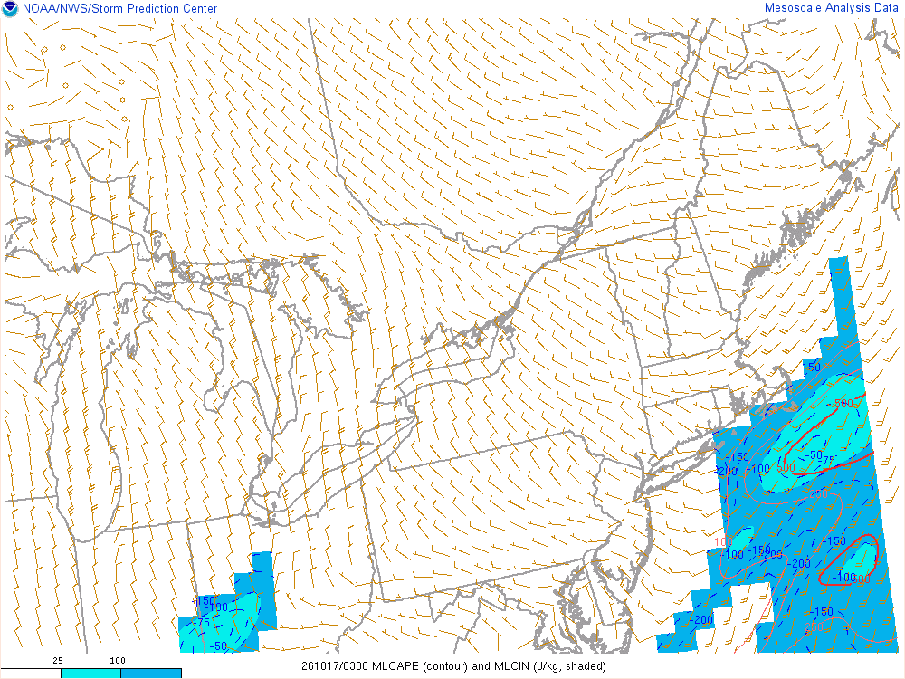 SPC mesoanalysis map, Mixed-layer CAPE and CIN, Northeast region, analysis for 03Z. Its key and units are in SPC’s picture; what it shows is described beside it.