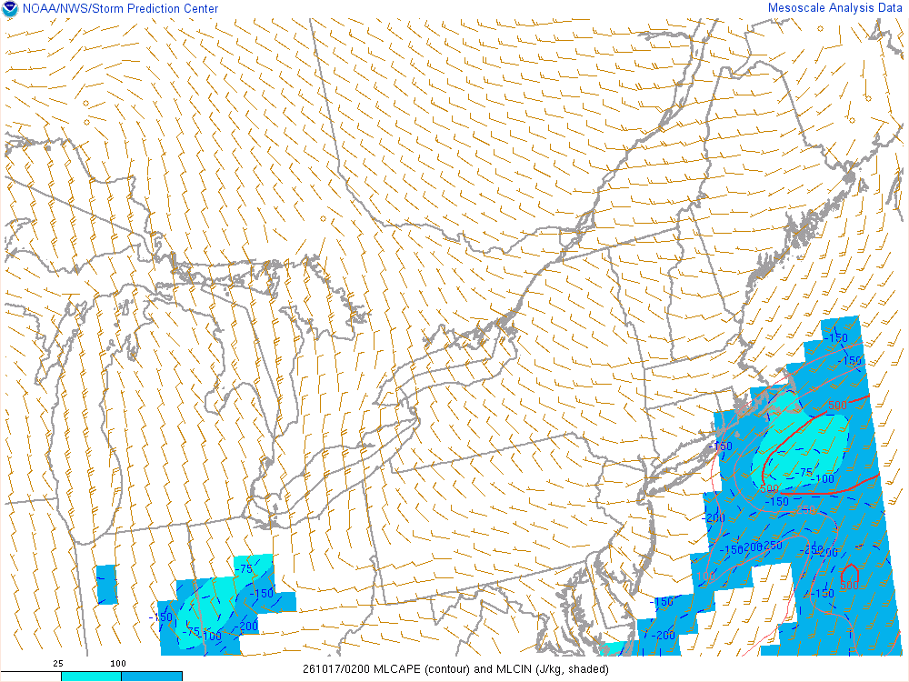 SPC mesoanalysis map, Mixed-layer CAPE and CIN, Northeast region, analysis for 02Z. Its key and units are in SPC’s picture; what it shows is described beside it.