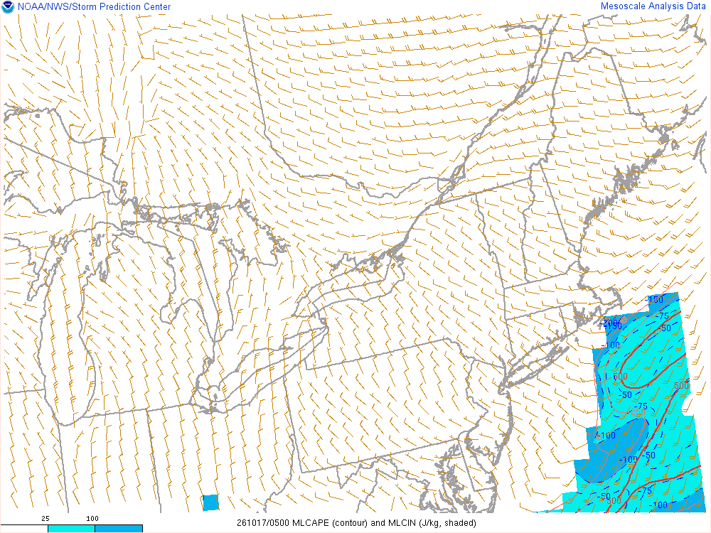 SPC mesoanalysis map, Mixed-layer CAPE and CIN, Northeast region, analysis for 05Z. Its key and units are in SPC’s picture; what it shows is described beside it.